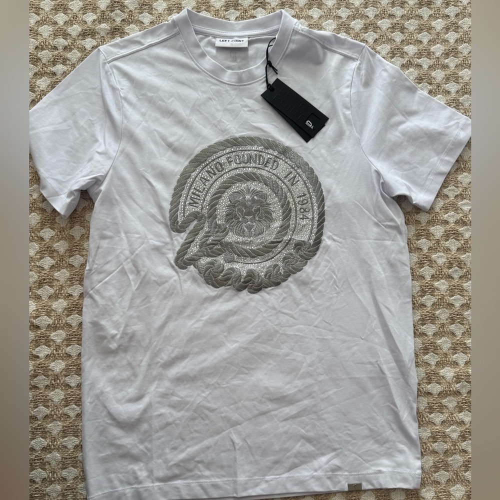 Left Point Milan Crest Rhinestone Embroidered T Shirt White Size S NWT